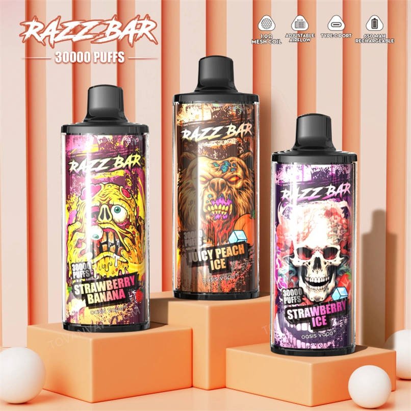 three razz bar 30000 vapes in different flavors resting on a table