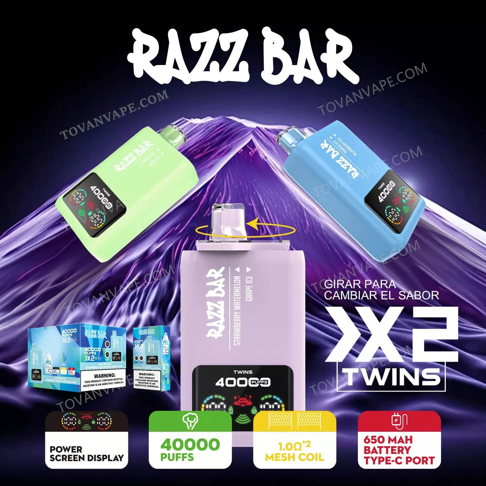 tre dispositivi razz bar 40000 che presentano diverse opzioni di colori vivaci