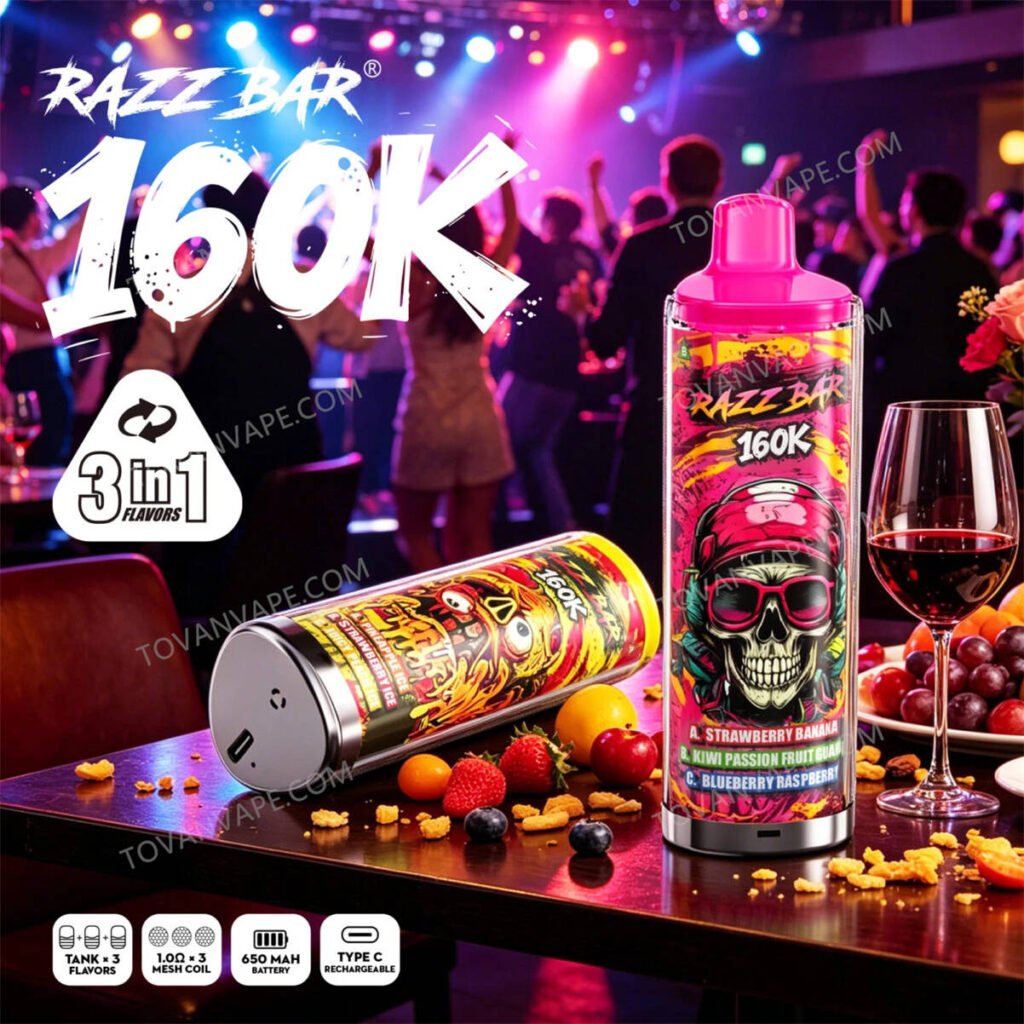 due sigarette elettroniche razz bar 160k in vari gusti, disposte ordinatamente sul bancone di un bar due sigarette elettroniche razz bar 160k in vari gusti, disposte ordinatamente sul bancone di un bar