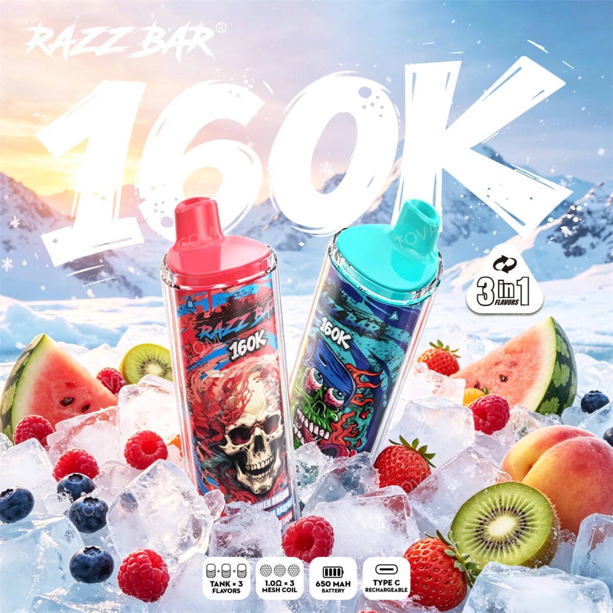 due dispositivi per lo svapo razz bar 160k in diversi gusti adagiati sulla neve fresca all'aperto