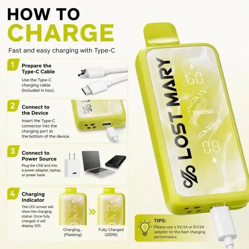 visual charging guide for the lost mary mt50k