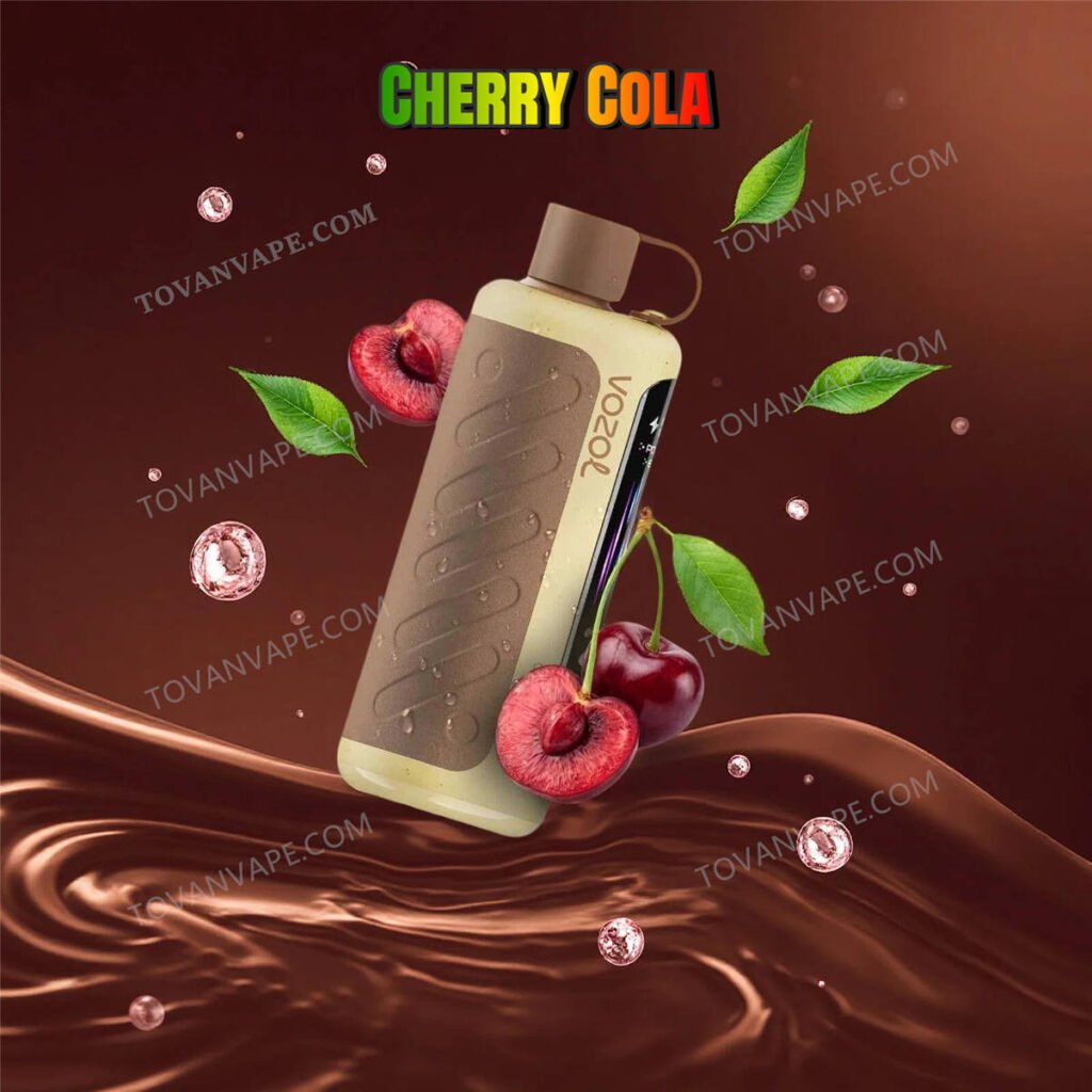 vozol gear hookah 40k cherry cola ao lado de cerejas vermelhas frescas e rebuçados de cola escuros