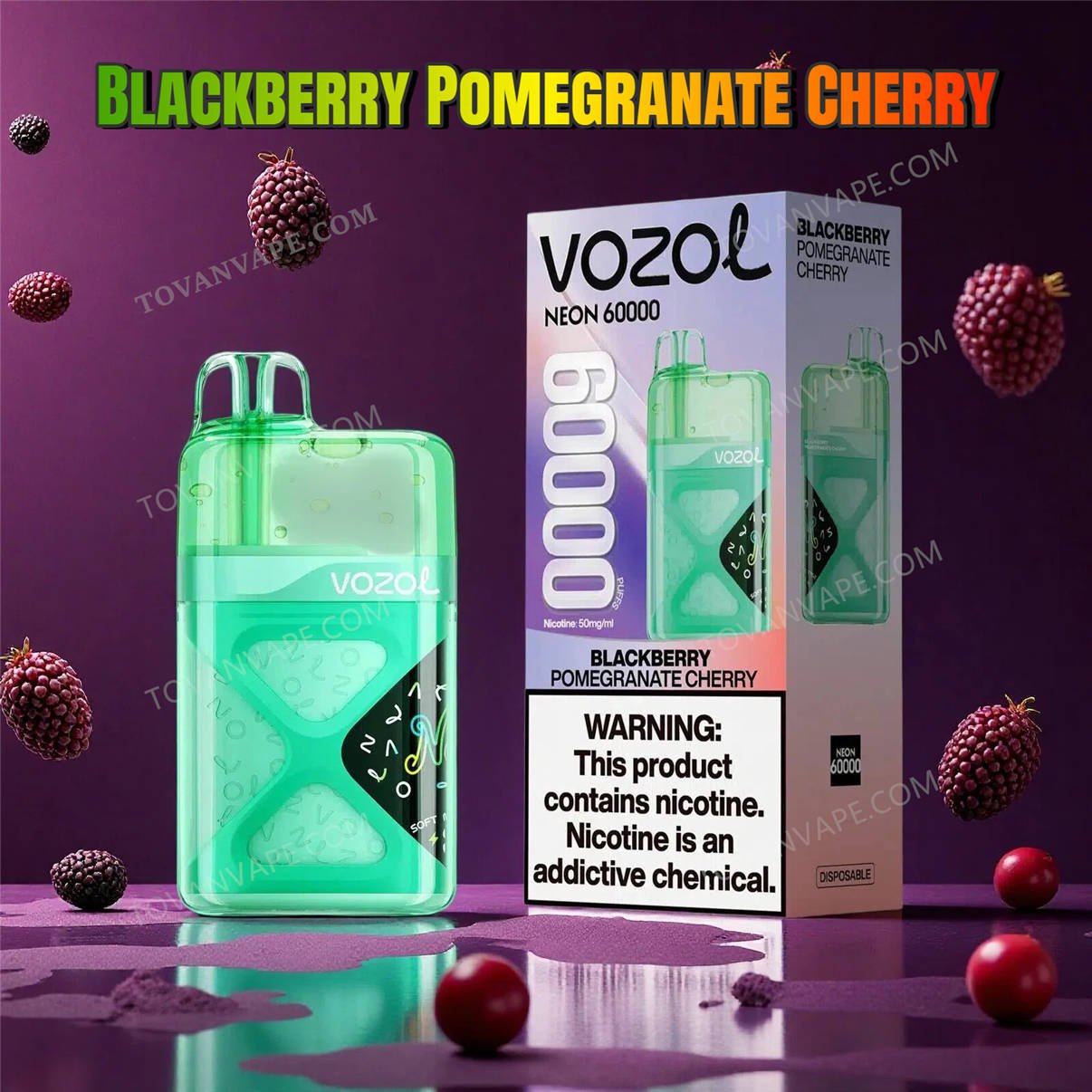vozol neon 60k blackberry pomegranate cherry omgiven av färska björnbär, skuren granatäpple och söta körsbär