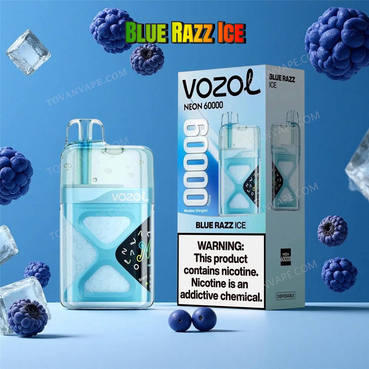 vozol neon 60k och blue razz ice placerade bland blå hallon och klara, svalkande isbitar