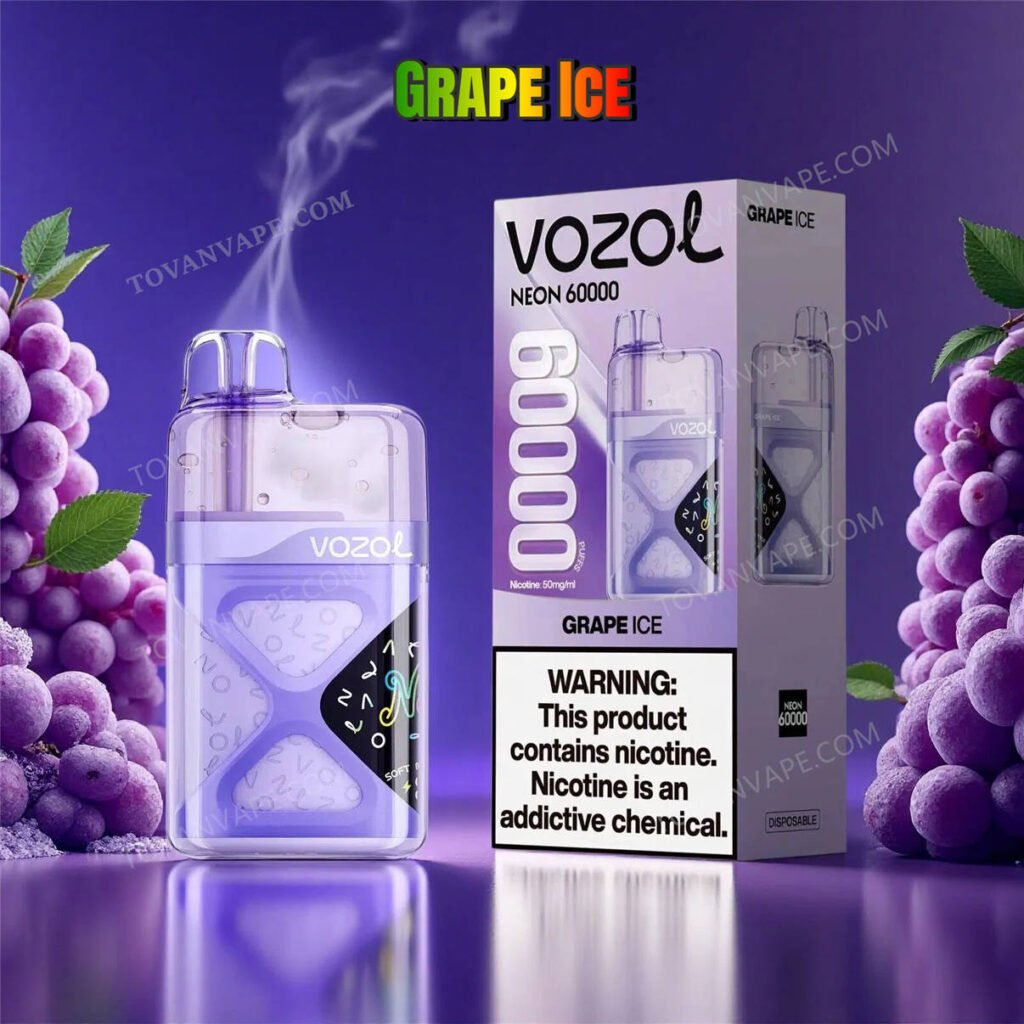 vozol neon 60k grape ice bredvid saftiga lila druvor och frostiga iskristaller vozol neon 60k grape ice bredvid saftiga lila druvor och frostiga iskristaller