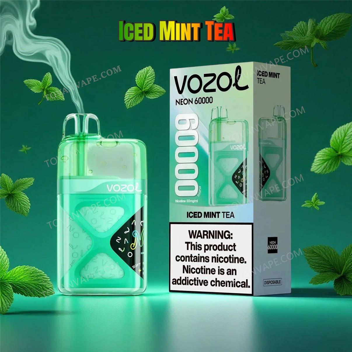 vozol neon 60k iskallt myntate som står bredvid fresh mint-blad, ett glas te och kalla isbitar