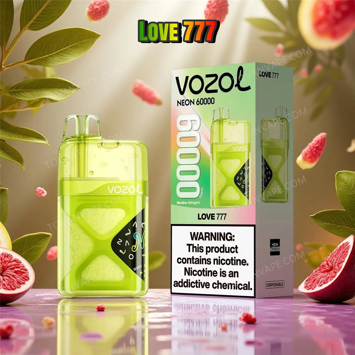 vozol neon 60k och love 777 inramade av en färgglad blandning av söta, exotiska tropical fruit:er