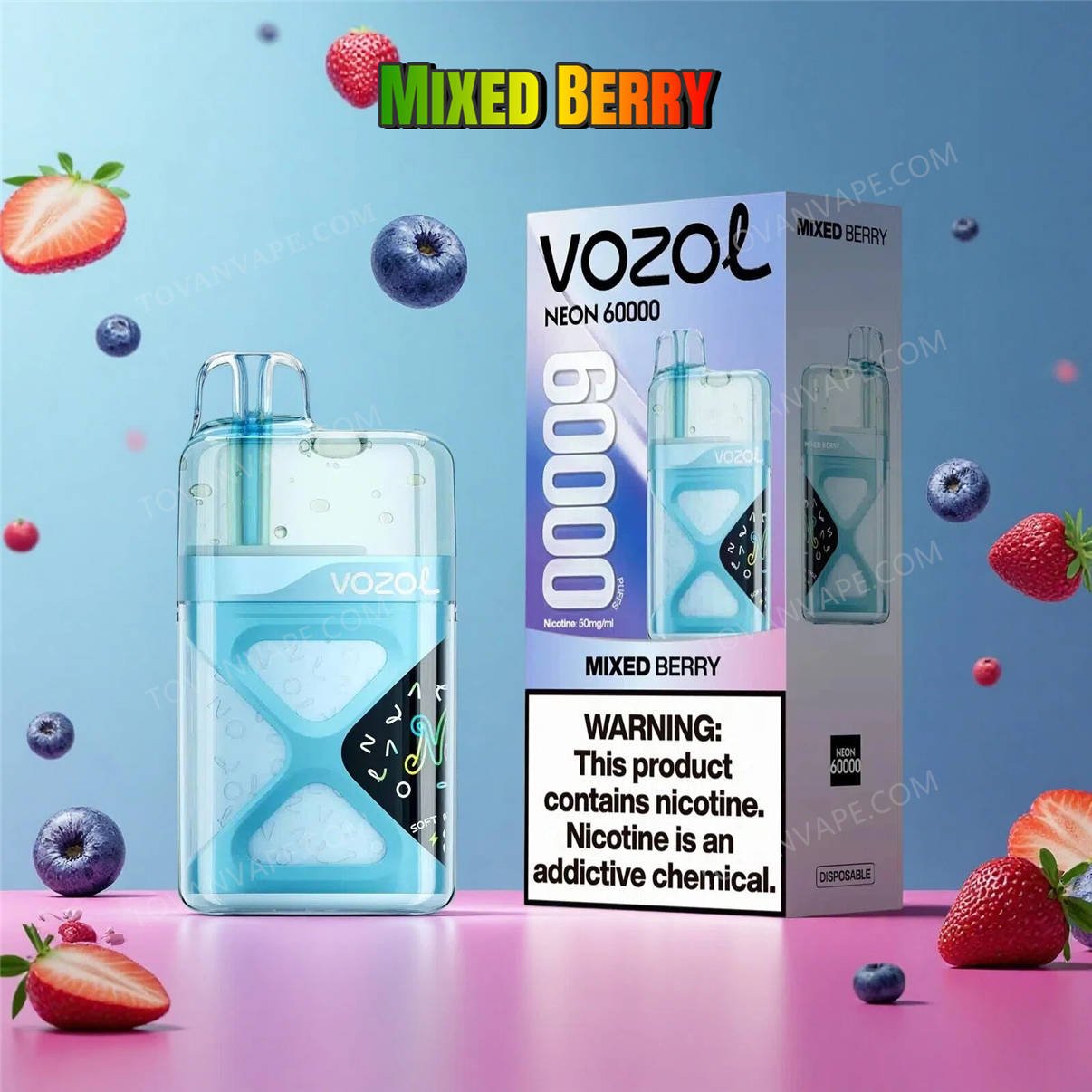 vozol neon 60k mixed berry omgivna av en fyllig blandning av mogna jordgubbar och blåbär
