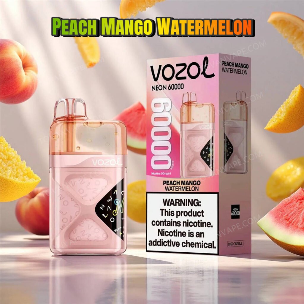 vozol neon 60k peach mango watermelon disposti tra fette di pesca, manghi dolci e succosi pezzi di anguria