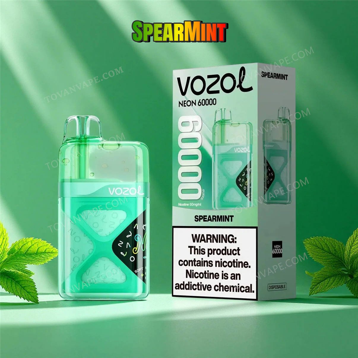 vozol neon 60k spearmint, dekorerad med ljusa, fräscha gröna spearmintblad
