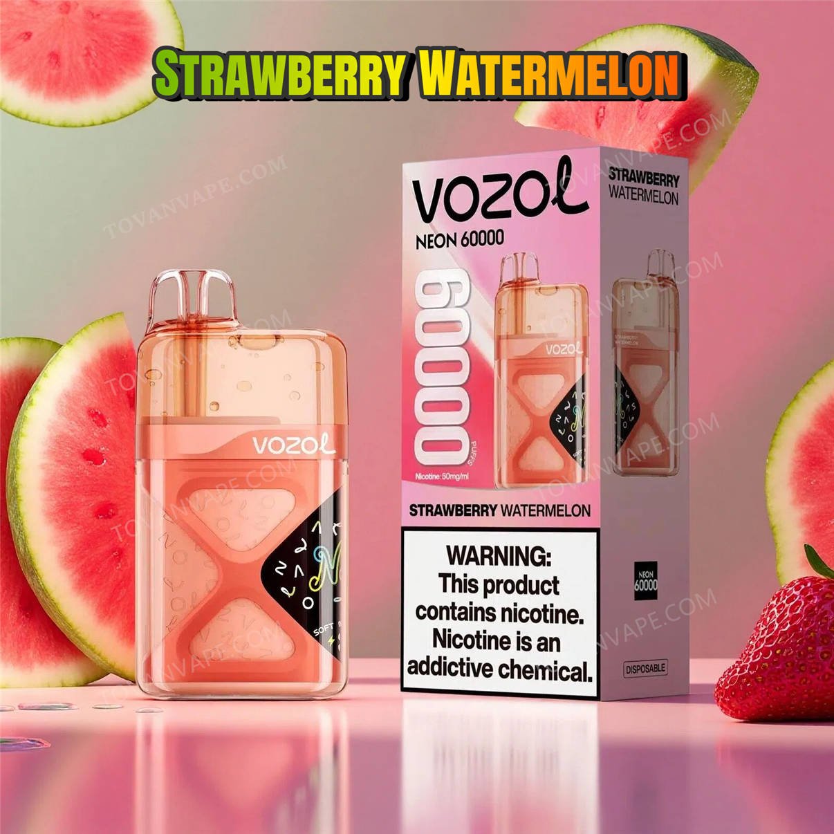 vozol neon 60k strawberry watermelon avbildade tillsammans med söta röda jordgubbar och färska vattenmelonskivor