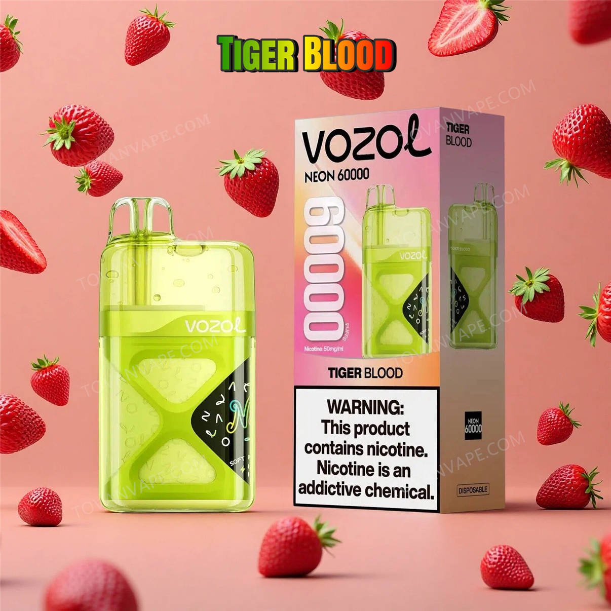 vozol neon 60k tiger blood tillsammans med tropiska kokosnötter, skivad vattenmelon och färska jordgubbar