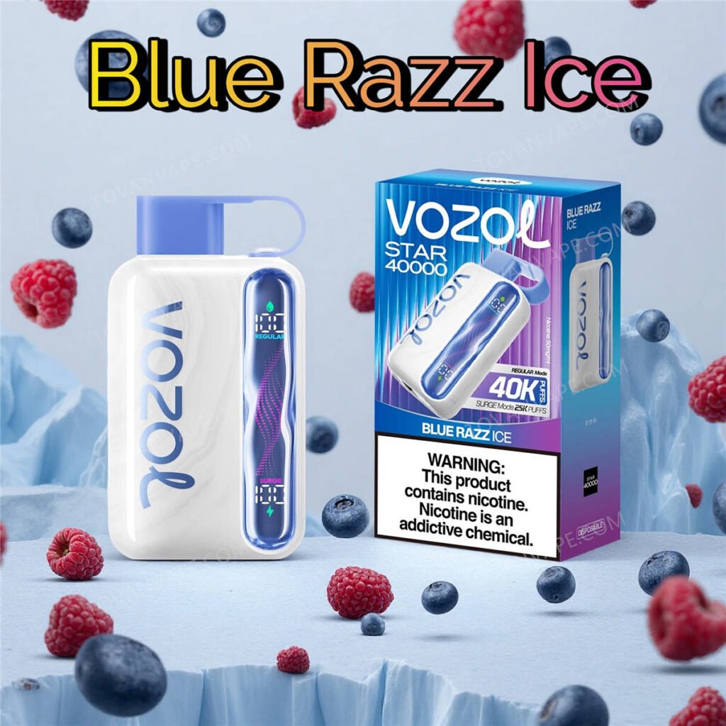 vozol star 40000 blue razz ice surrounded by fresh blue raspberries and ice cubes