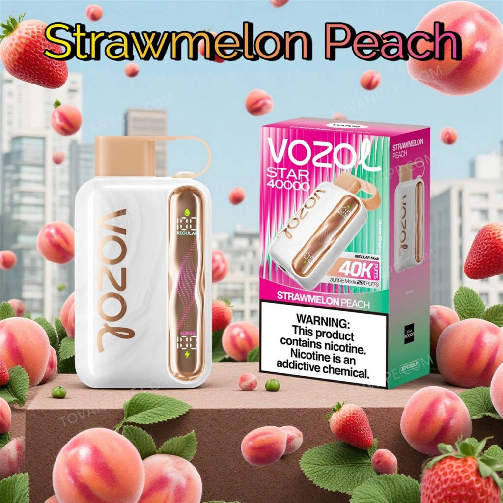 vozol star 40k strawmelon peach sitting next to strawberries, watermelon pieces, and peaches