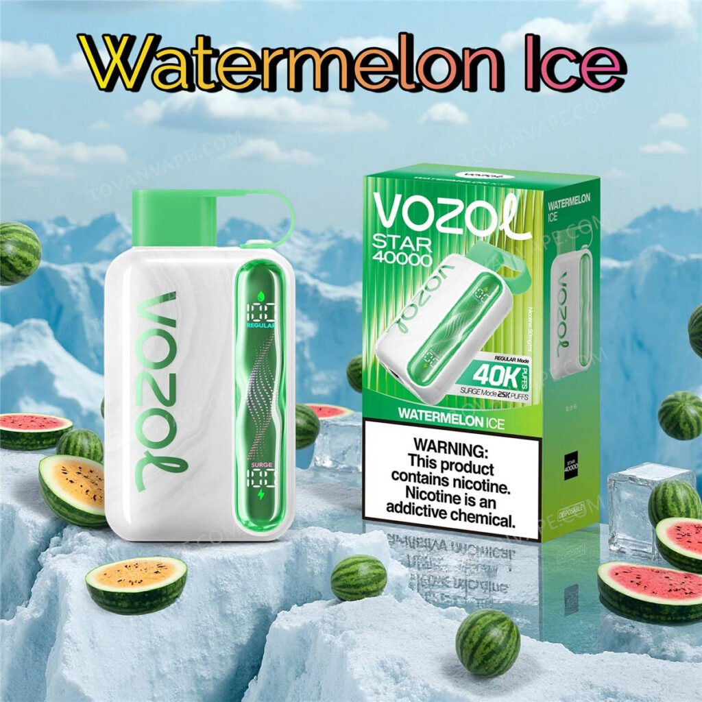 vozol star 40k watermelon ice dispostos entre pedaços de melancia doce e gelo gelado
