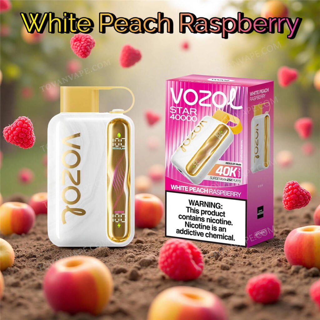 vozol star 40k white peach raspberry sigaretta elettronica circondata da fresche pesche bianche e lamponi rossi vozol star 40k white peach raspberry sigaretta elettronica circondata da fresche pesche bianche e lamponi rossi