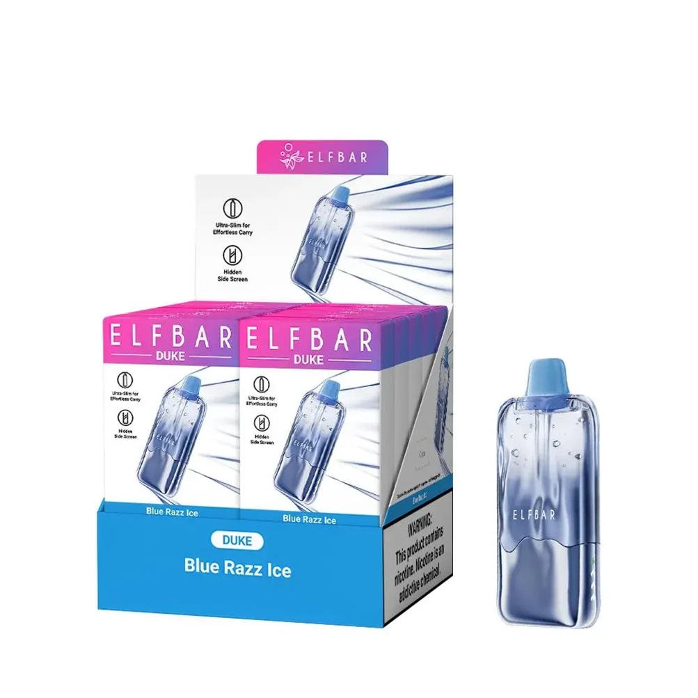 Großhandels-Verkaufsdisplay mit 10 Vapes der Modelle elf bar duke 30000 und blue razz ice