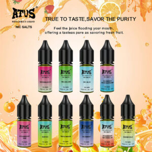 une sélection variée présentant dix saveurs uniques issues de la gamme de e-liquides atvs en flacons de 10 ml