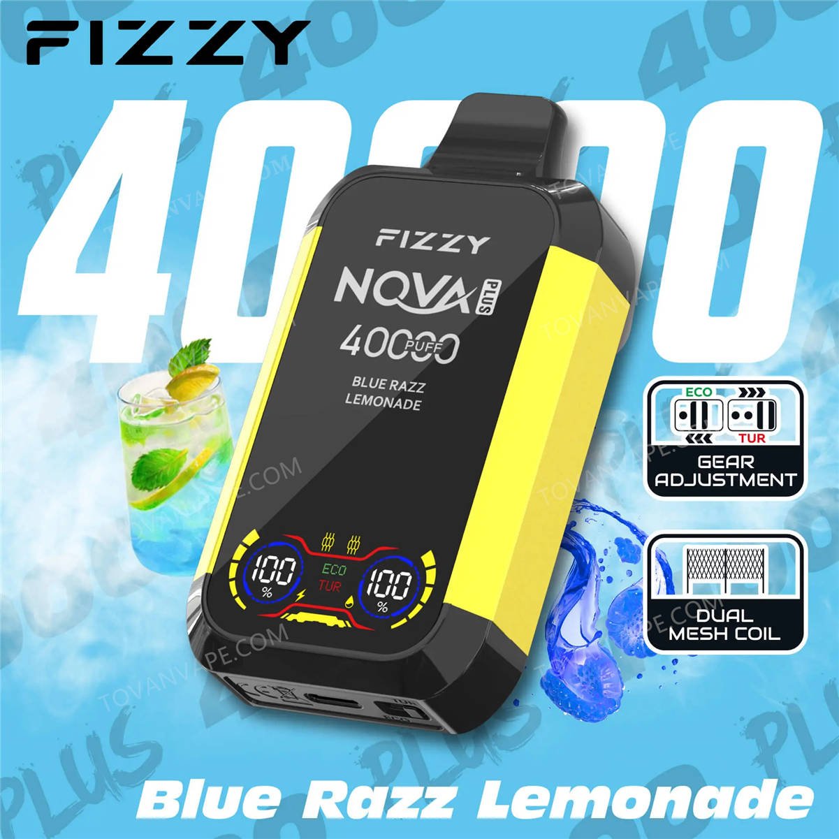 fizzy nova plus 40000 blue razz lemonade circondati da lamponi blu freschi e limoni