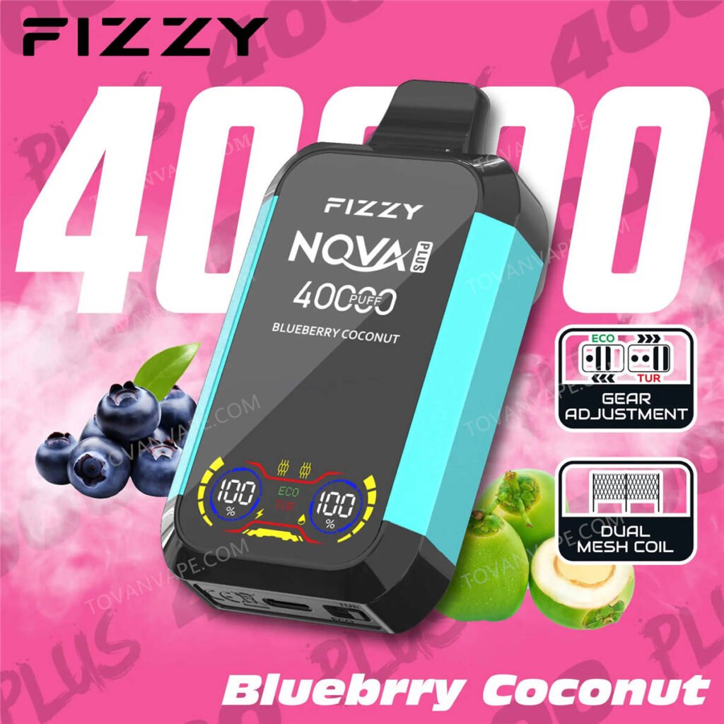fizzy nova plus 40000 blueberry coconut accanto a mirtilli maturi e cocco fresco fizzy nova plus 40000 blueberry coconut accanto a mirtilli maturi e cocco fresco