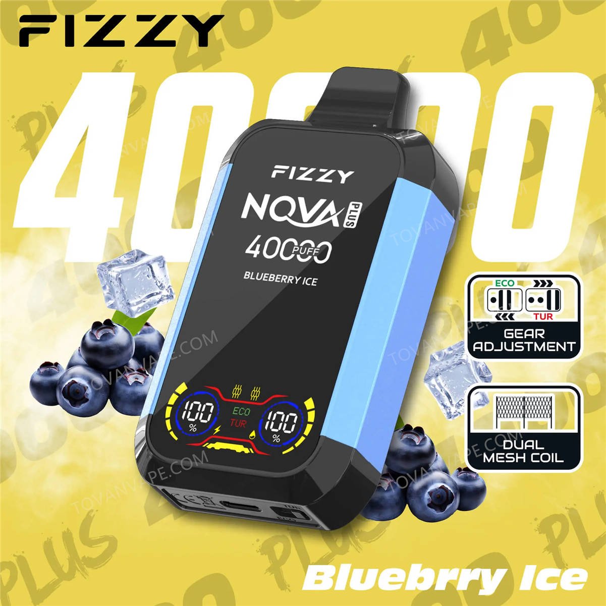 fizzy nova plus 40000 blueberry ice appoggiati su cubetti di ghiaccio con mirtilli freschi sparsi qua e là