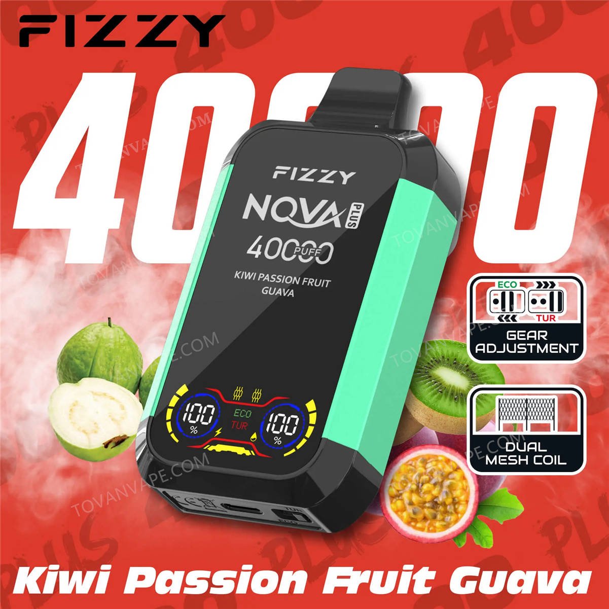 fizzy nova plus 40000 e kiwi passion fruit guava esposti con kiwi tagliato, passion fruit e guava