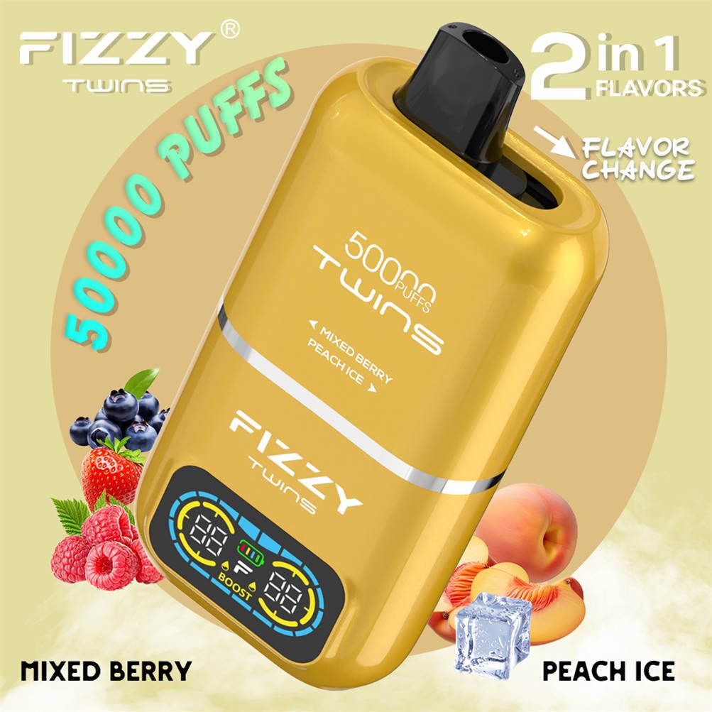 fizzy twins 50000 mixed berry - peach ice, presentati con un ricco mix di bacche selvatiche fresche e fette di pesca glassate