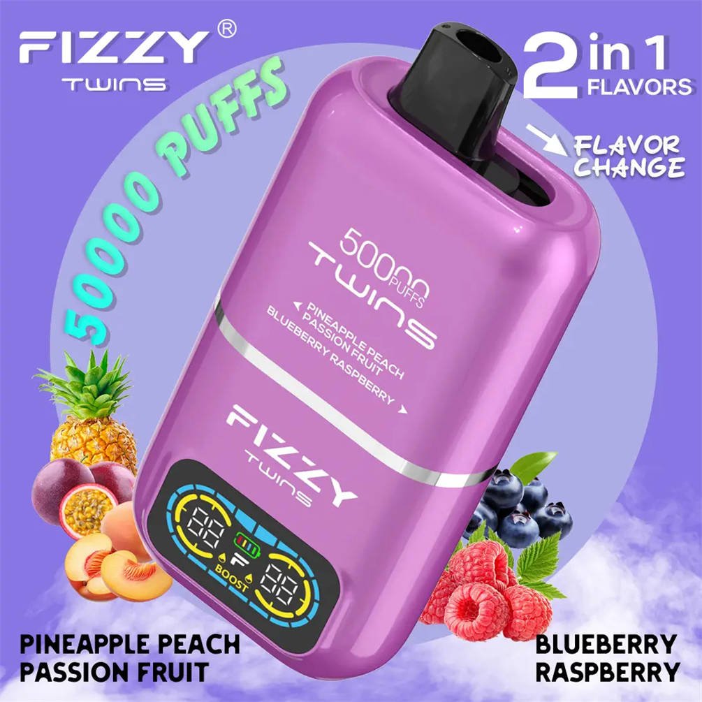fizzy twins 50000 pino apple peach passion fruit - blueberry raspberry, accanto ad ananas freschi, pesche e frutti di bosco