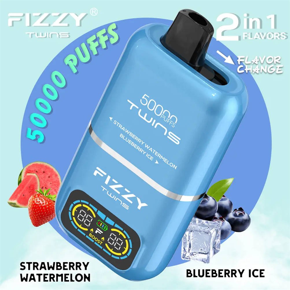 fizzy twins 50000 strawberry watermelon - blueberry ice, raffigurati tra fragole fresche, meloni e mirtilli freddi