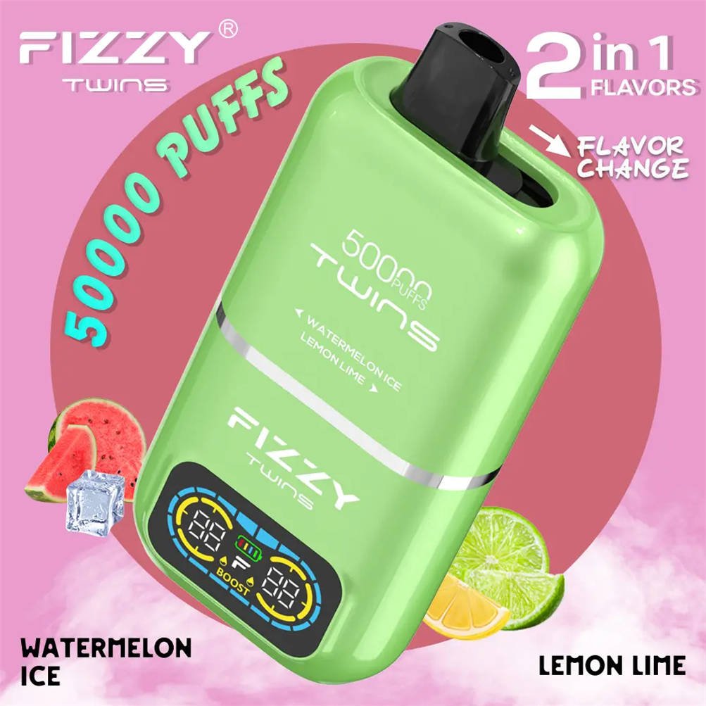 fizzy twins 50000 watermelon ice - lemon lime, in contrasto con fette di anguria fredda, limoni freschi e lime verdi fizzy twins 50000 watermelon ice - lemon lime, in contrasto con fette di anguria fredda, limoni freschi e lime verdi