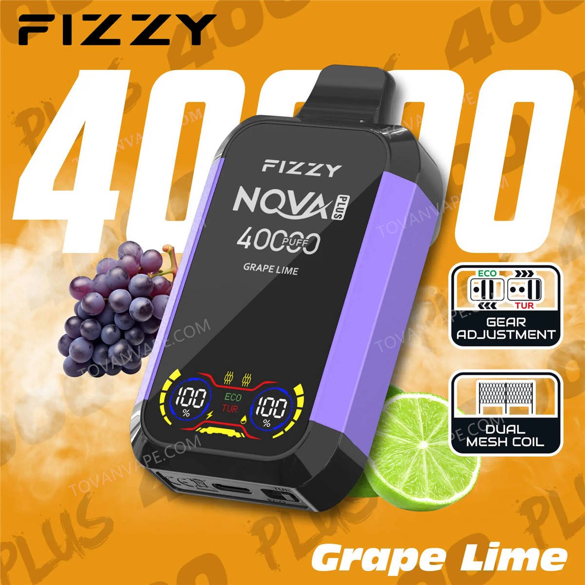 uva fresca e lime verdi che circondano il modello fizzy nova plus 40000 “Grape Lime”