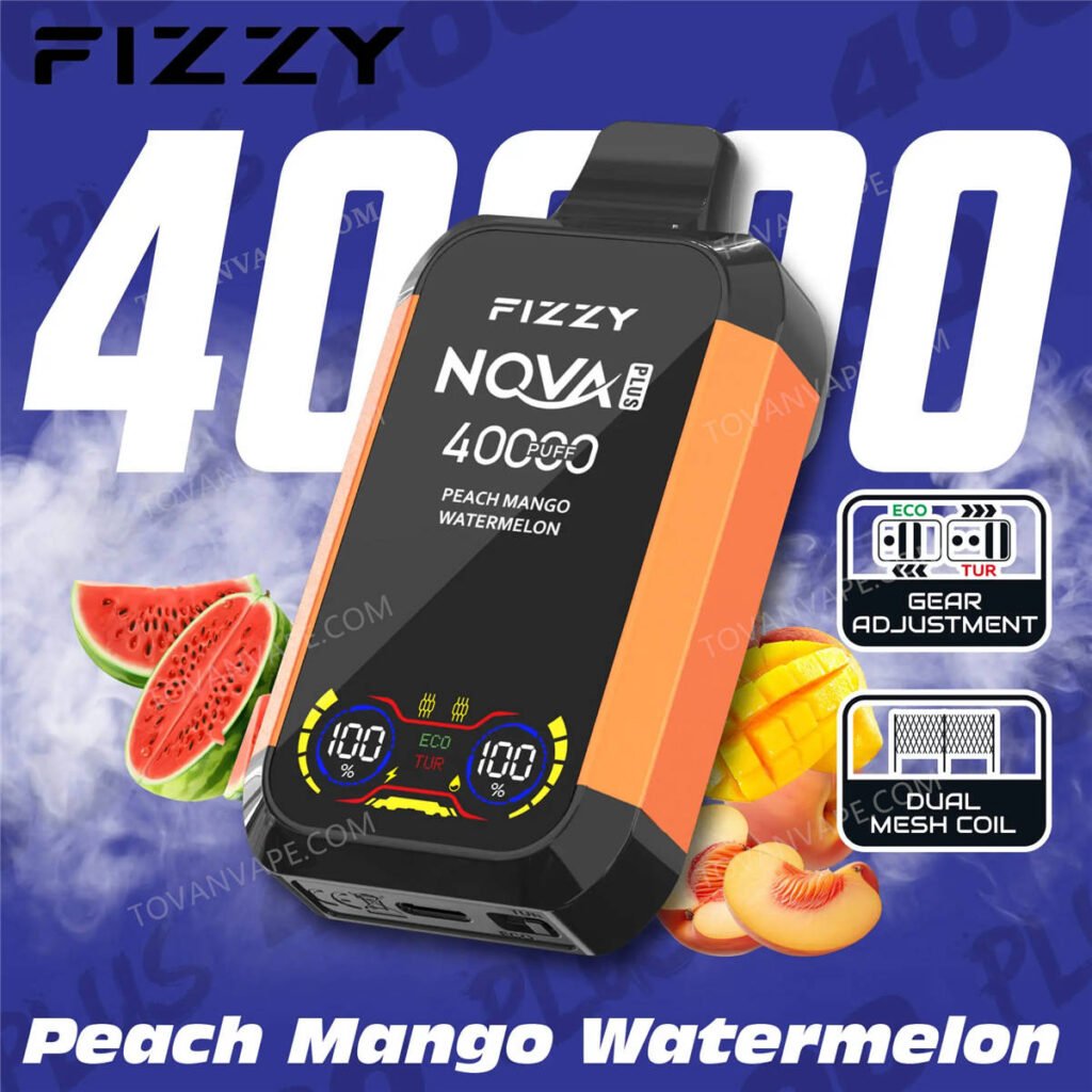 juicy peach, fette di mango e anguria che circondano il fizzy nova plus 40000 peach mango watermelon juicy peach, fette di mango e anguria che circondano il fizzy nova plus 40000 peach mango watermelon