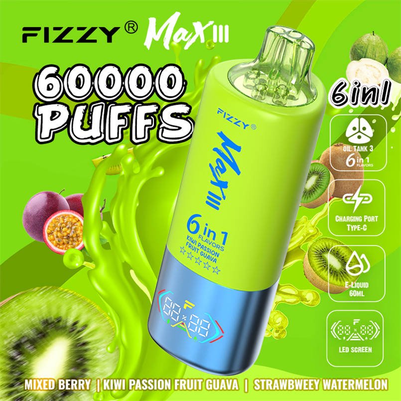 mixed berries, kiwi, passion fruit, guava, fragola e anguria che circondano il fizzy max lll 60k