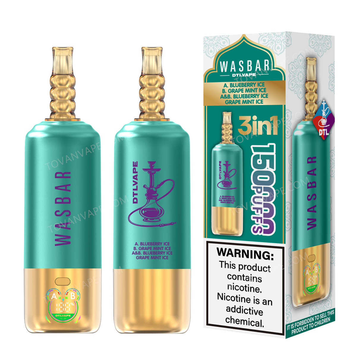 boîte d'emballage et les puces wasbar 3in1 150k, blueberry ice et grape mint « ice »