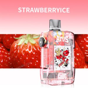 rot atvs warship pod 7000 strawberry ice, umgeben von vereinzelten reifen Erdbeeren und Eisblöcken