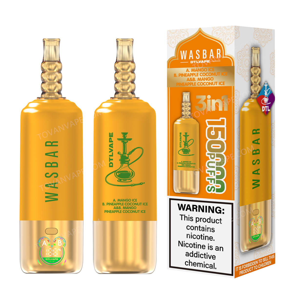 coffret de vente au détail associé aux modèles wasbar 3in1 150k, mango ice et pineapple coconut ice