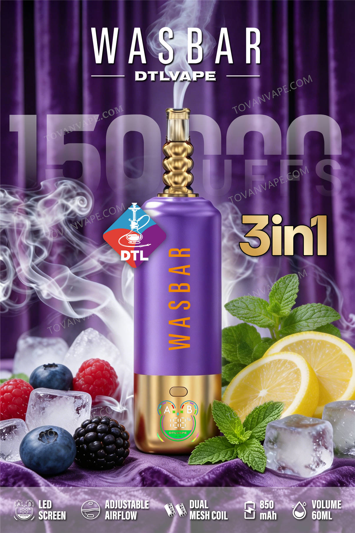 wasbar 3in1 150k myrtille-framboise + lemon lime aux arômes de myrtilles, de framboises, de citrons et de citrons verts