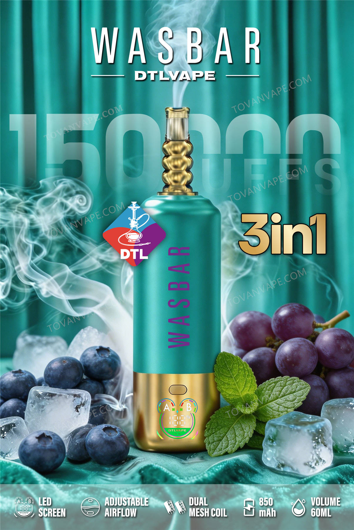 wasbar 3in1 150k blueberry ice + grape mint : glaçons disposés à côté de myrtilles, de raisins, de menthe et de glaçons