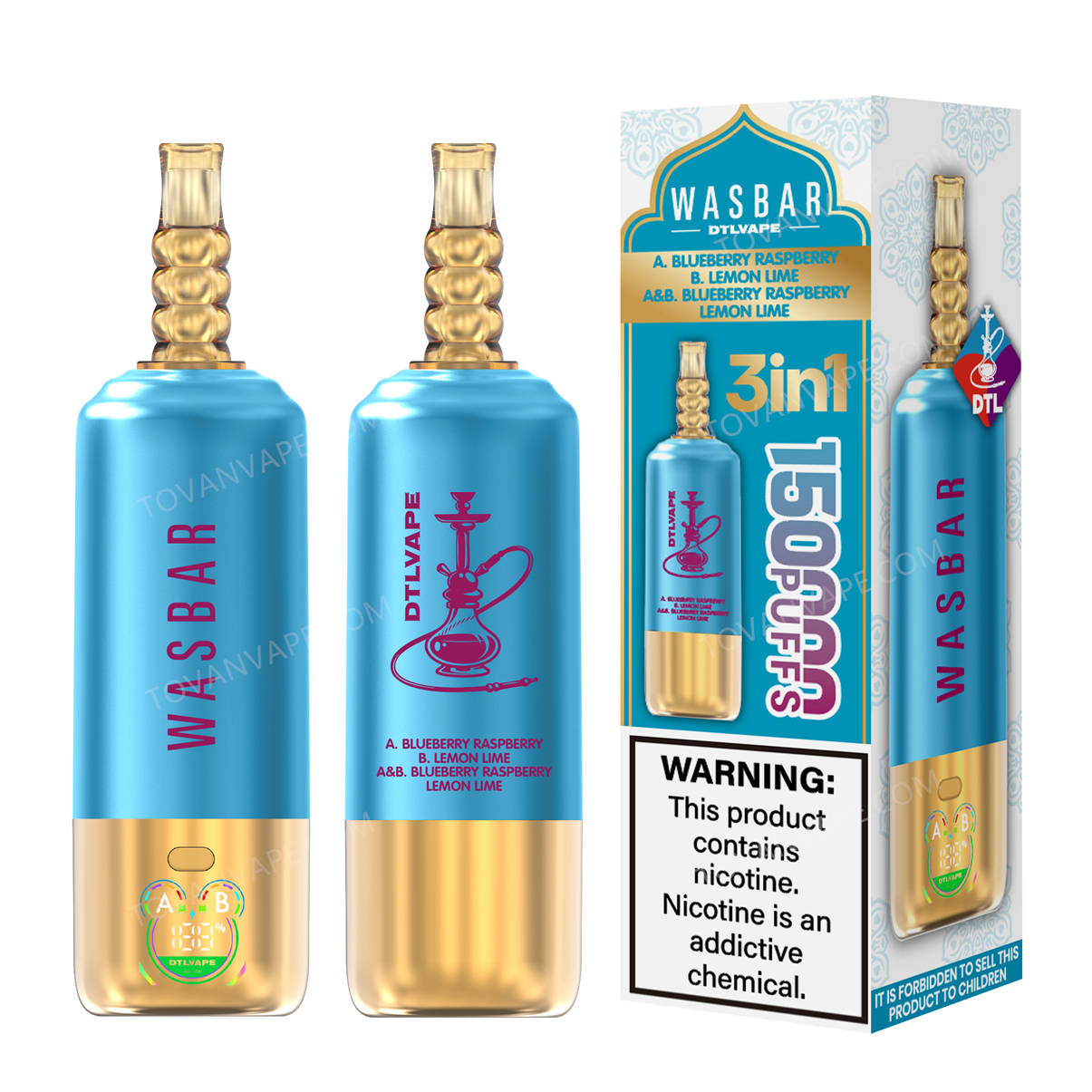 wasbar 3in1 150k, blueberry raspberry et lemon lime présentés à côté de leur boîte