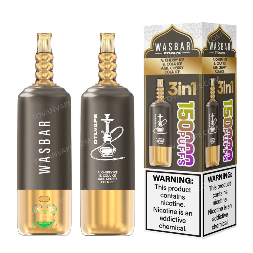 wasbar 3in1 150k, cherry ice et cola ice présentés à côté de leur emballage de vente au détail wasbar 3in1 150k, cherry ice et cola ice présentés à côté de leur emballage de vente au détail