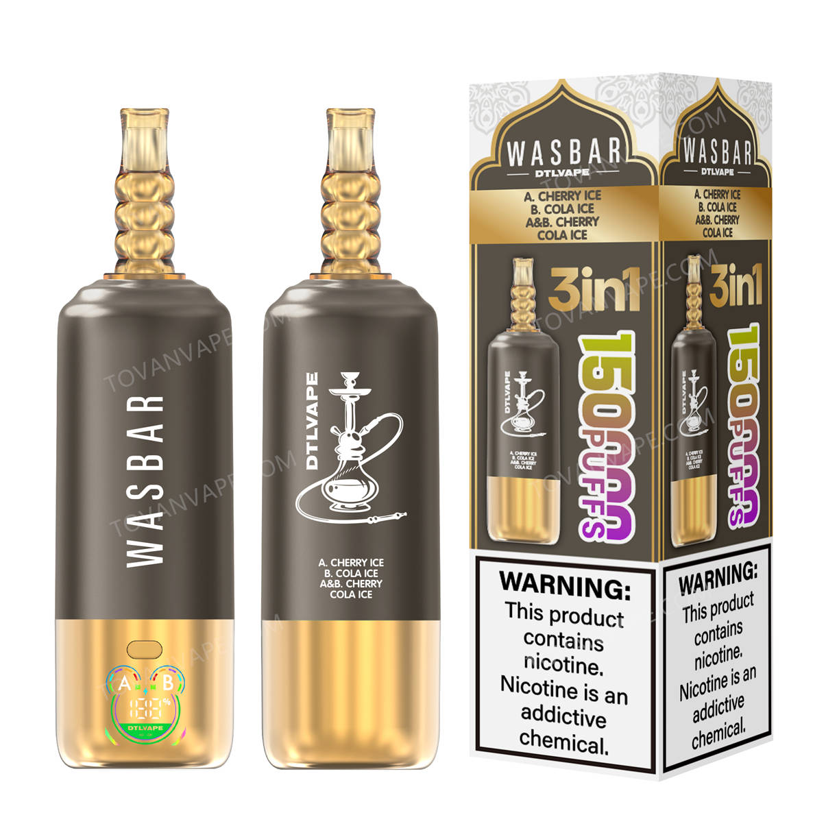 wasbar 3in1 150k, cherry ice et cola ice présentés à côté de leur emballage de vente au détail