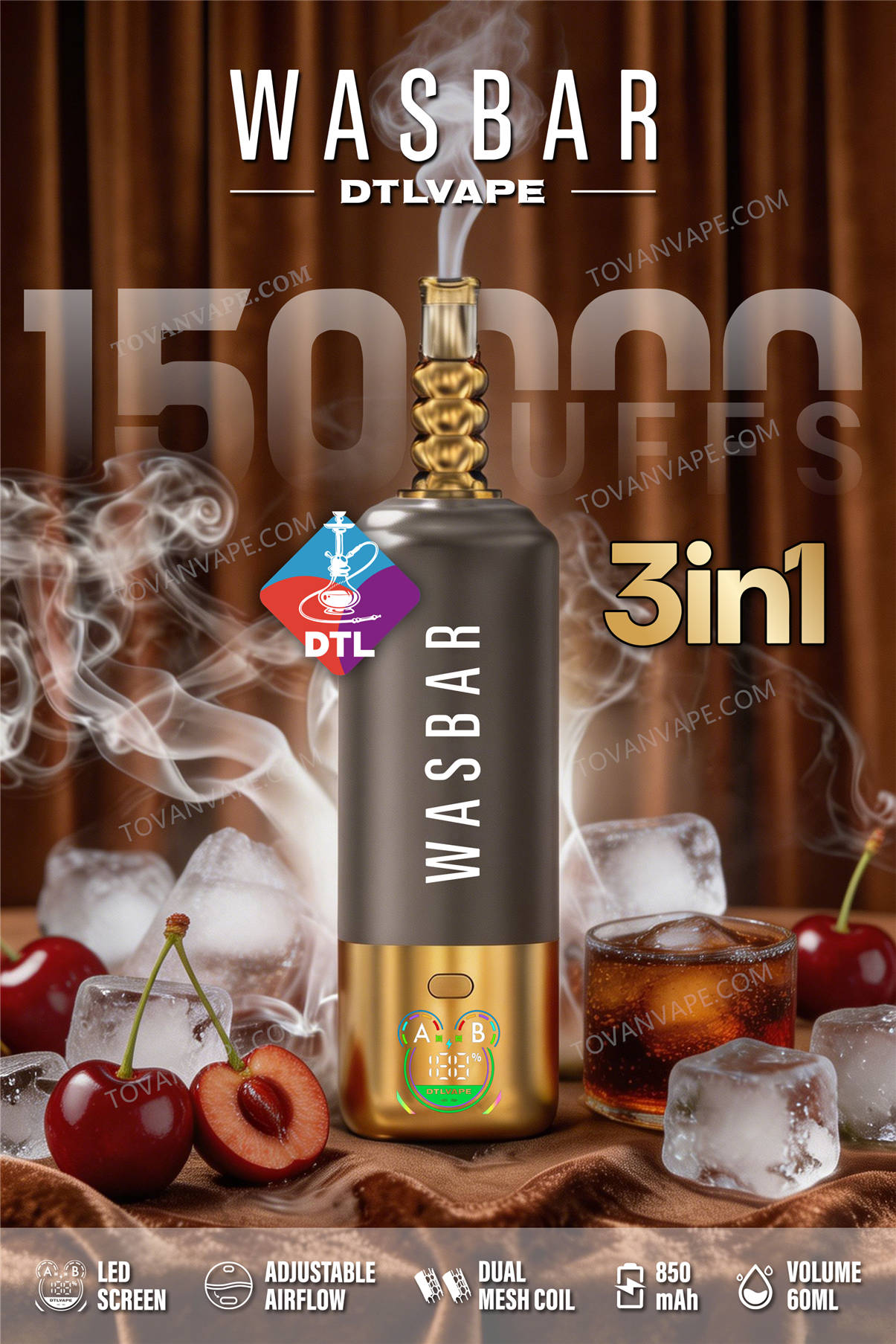 wasbar 3in1 150k, cherry ice et cola ice, placés à côté de cerises sucrées, de boissons au cola bien fraîches et de glaçons