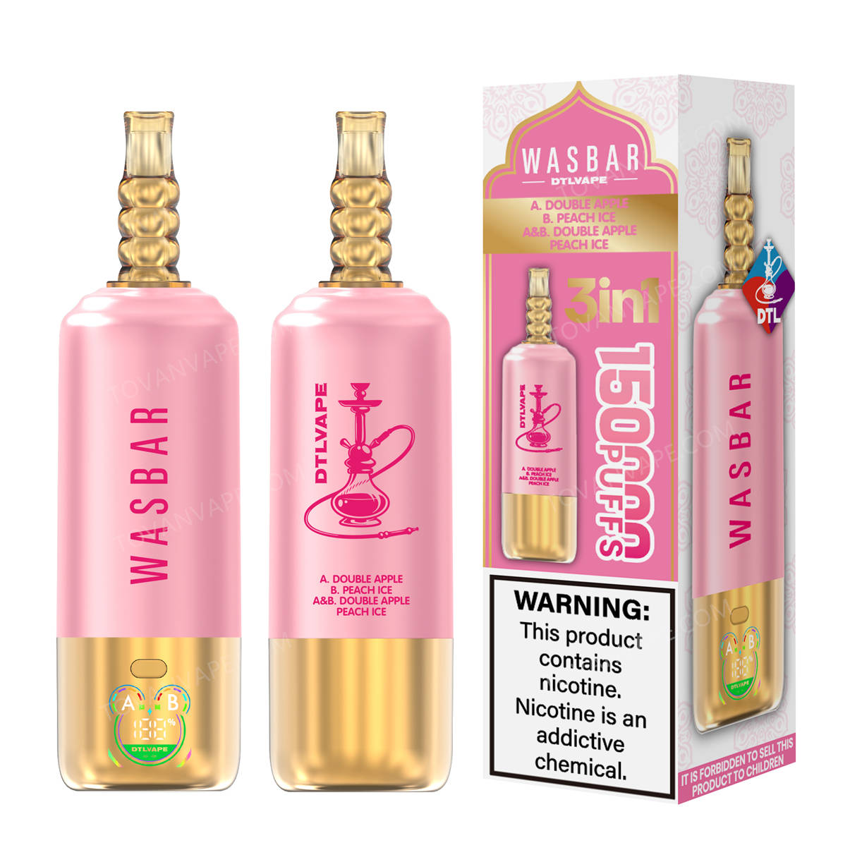 wasbar 3in1 150k, double apple et peach ice, livrés dans leur emballage d'origine