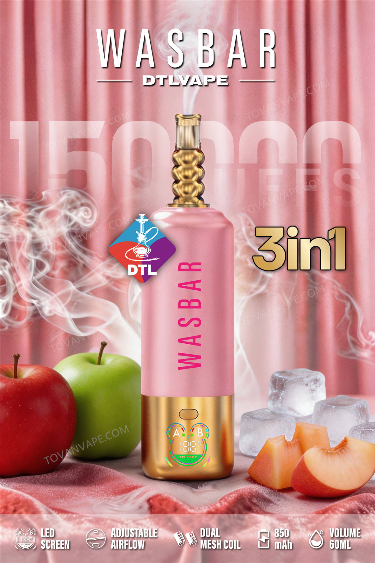 wasbar 3in1 150k, double apple et peach ice, entourés de pommes croquantes, de pêches fraîches et de glace glacée