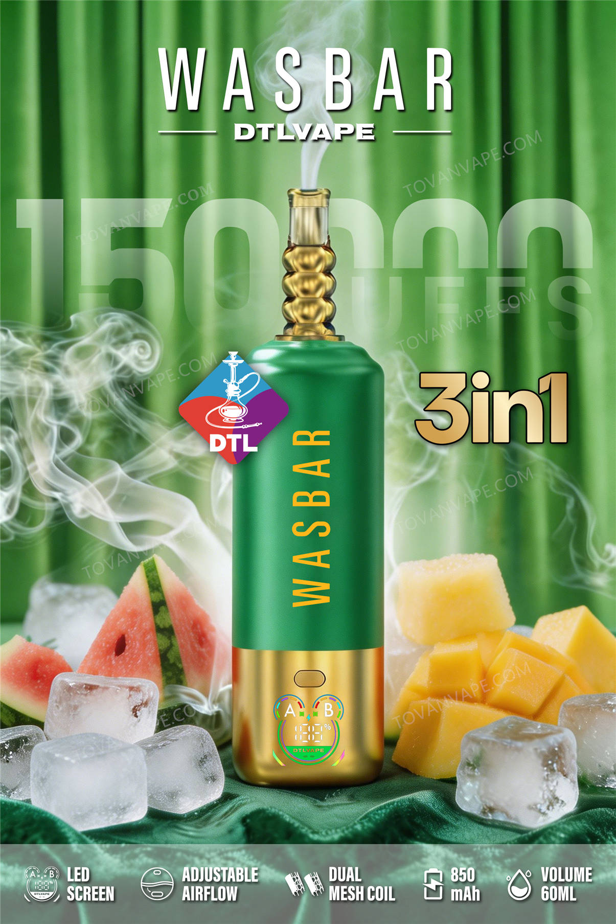 wasbar 3in1 150k, lush ice et mango ice, accompagnés de pastèque fraîche, de mangues mûres et de glace