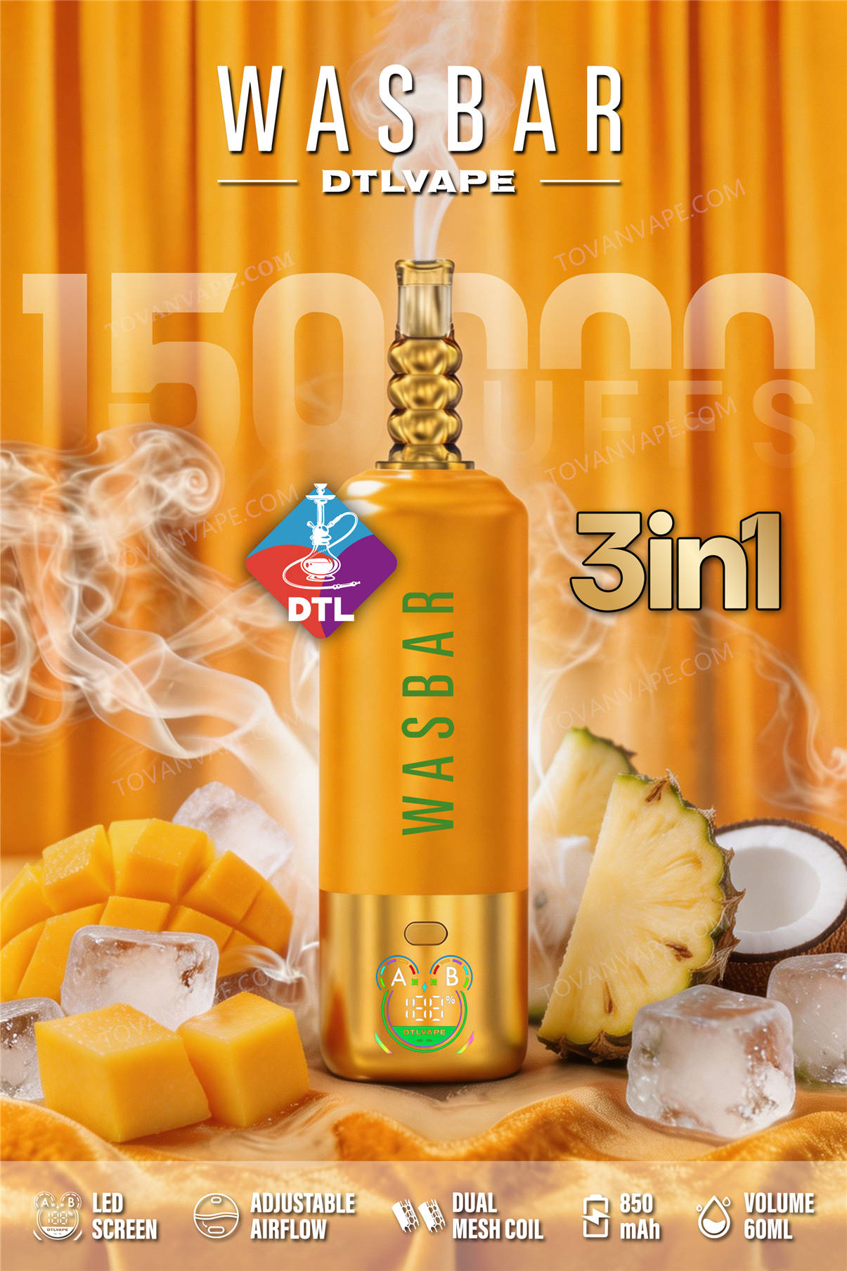 wasbar 3in1 150k mango ice + pineapple coconut ice présentés avec des mangues sucrées, des ananas, de la noix de coco et de la glace