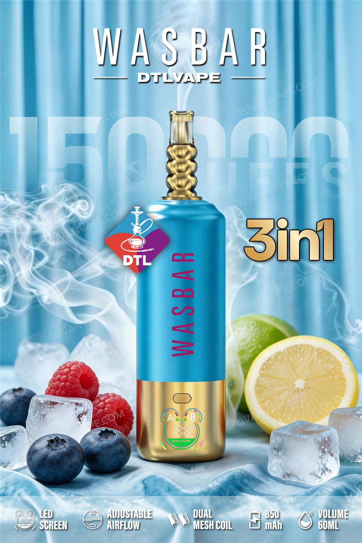 wasbar 3in1 150k : mélange de baies + limonade mint ice : présenté parmi des baies fraîches, des citrons, de la menthe et des glaçons