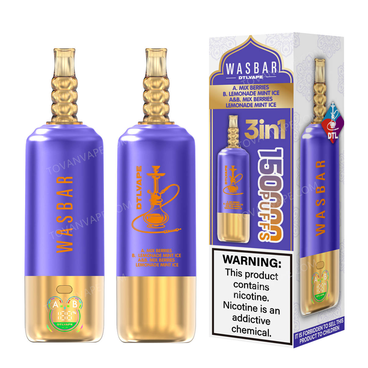wasbar 3in1 150k « Mélange de baies + limonade » mint ice posé à côté de son carton