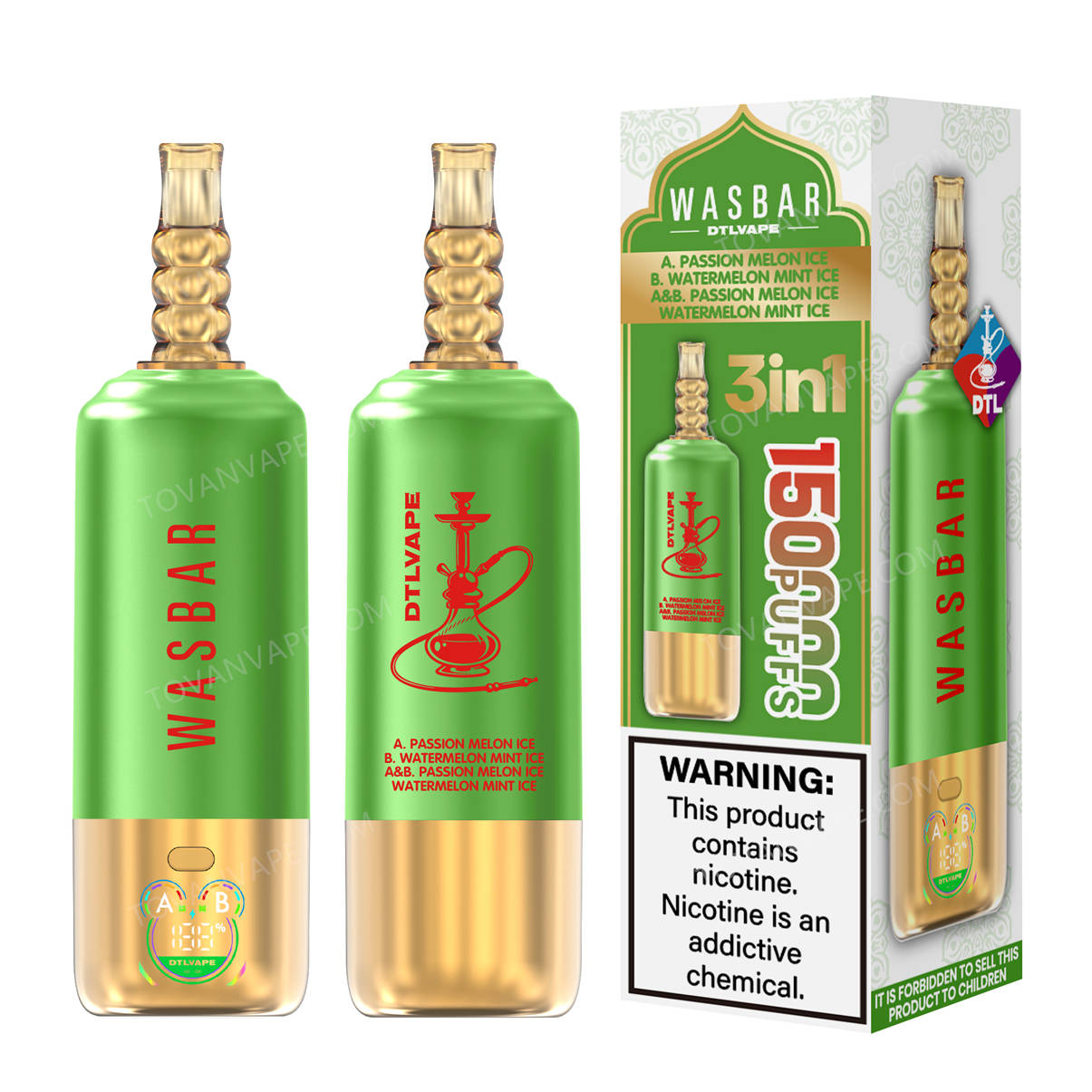 wasbar 3in1 150k passion melon ice + pastèque mint ice à côté de son emballage