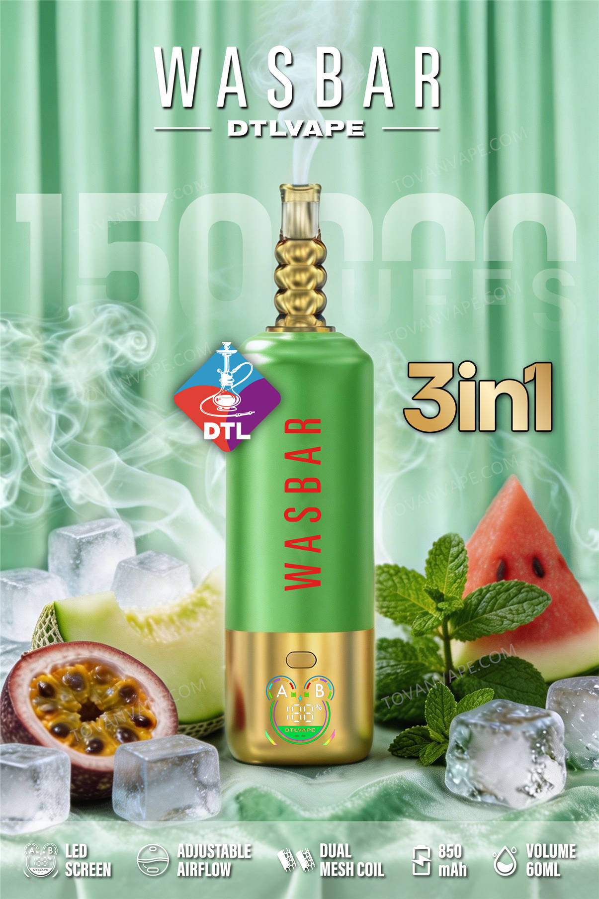 wasbar 3in1 150k « Passion » melon ice + pastèque mint ice, entourées de passion fruit, de melons, de pastèque, de menthe et de glace.